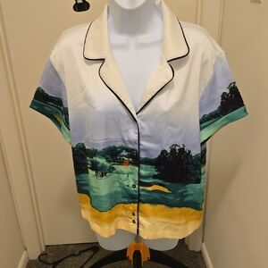 Urban Outfitters Scenic Print Button-Down Shirt in White, Green & Yellow